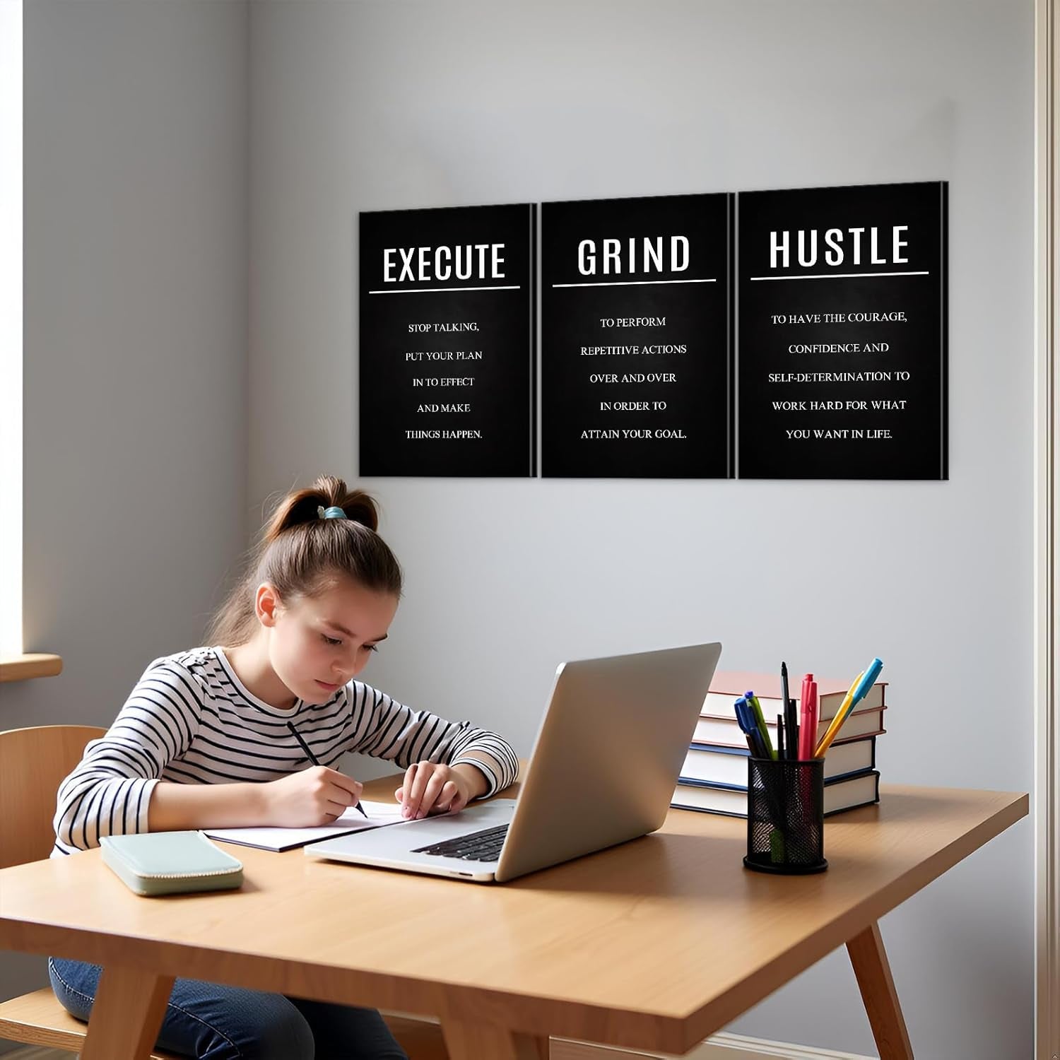Hustle Grind Execute Wall Art Set - 3 Pieces 16"X24" Motivational Canvas Wall Art with Wooden Frame, Inspirational Quotes Decor for Office & Home Motivational Posters, Office & Gym Decor - Serenity Spaces