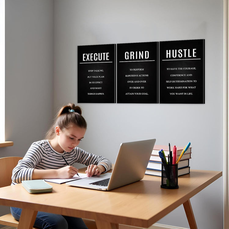 Hustle Grind Execute Wall Art Set - 3 Pieces 16"X24" Motivational Canvas Wall Art with Wooden Frame, Inspirational Quotes Decor for Office & Home Motivational Posters, Office & Gym Decor - Serenity Spaces