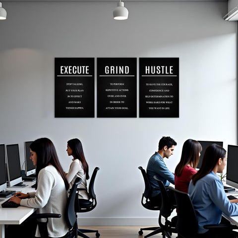 Hustle Grind Execute Wall Art Set - 3 Pieces 16"X24" Motivational Canvas Wall Art with Wooden Frame, Inspirational Quotes Decor for Office & Home Motivational Posters, Office & Gym Decor