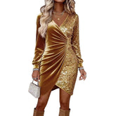 Fashionable V - neck Sequin Velvet Bodycon Dress - Serenity Spaces