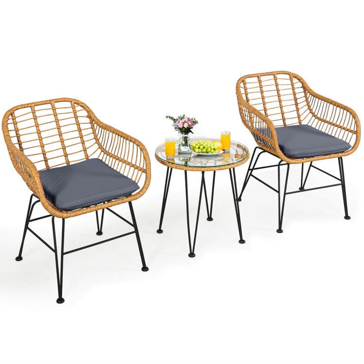 3 Pieces Rattan Furniture Set With Cushioned Chair Table - Serenity Spaces