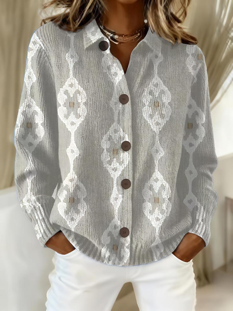Printed Lapel Sweater Fashion Casual Long - sleeved Button Pullover Top Knitted Clothing For Women - Serenity Spaces