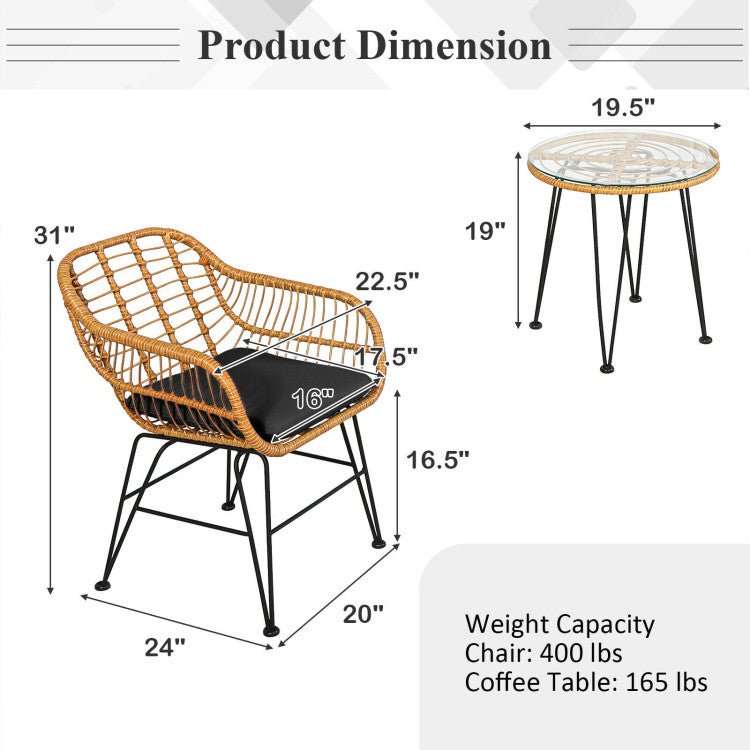 3 Pieces Rattan Furniture Set With Cushioned Chair Table - Serenity Spaces