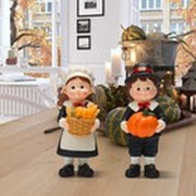 Pack Figurines Thanksgiving Statues Resin Tabletop 2 Fall Pilgrim Couple