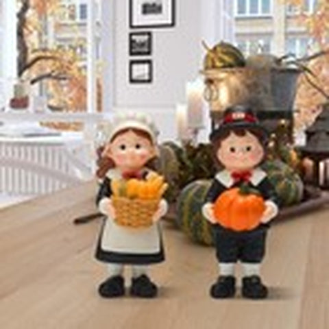 Pack Figurines Thanksgiving Statues Resin Tabletop 2 Fall Pilgrim Couple