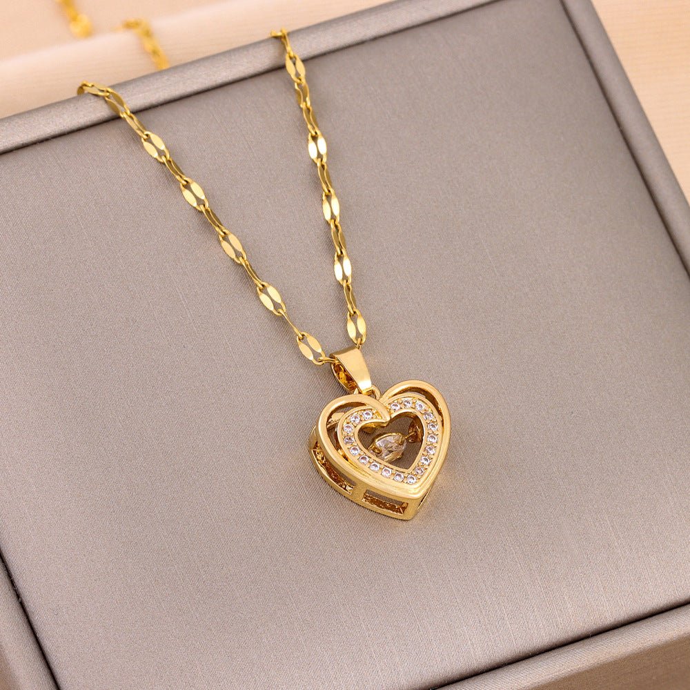 Double - layer Love Necklace With Rhinestones Titanium Steel Pendant Fashion Jewelry Woman Valentines Day Gift - Serenity Spaces