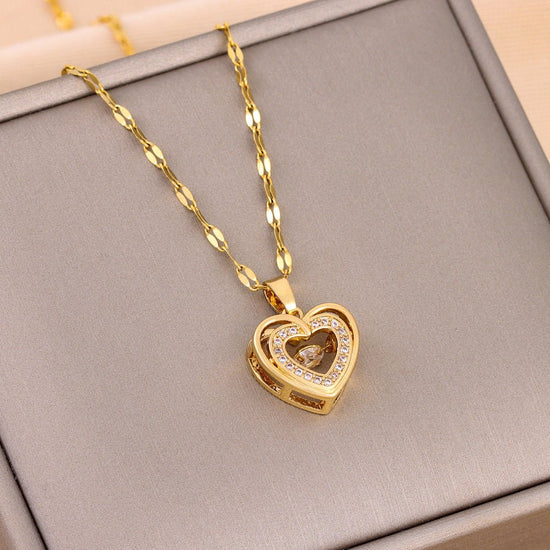 Double - layer Love Necklace With Rhinestones Titanium Steel Pendant Fashion Jewelry Woman Valentines Day Gift - Serenity Spaces