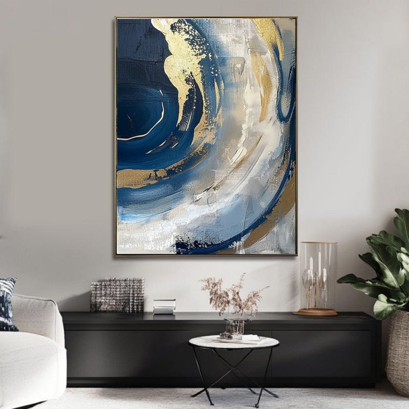 Luxury Handmade Abstract Oil Painting Wall Art Modern Golden Blue Minimalist Texture Canvas Mural For Living Room Decor Frameless - Serenity Spaces