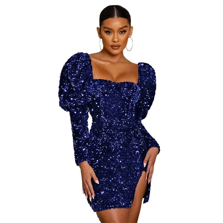 Sequin Backless Padded Shoulder Bubble Sleeve Party Dresses For Women - Serenity Spaces