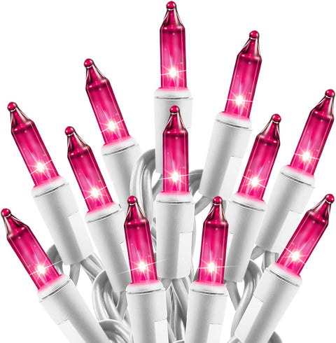 Christmas Pink Mini String Lights - 100 Count 25 Feet Detachable Incandescent Bulb Waterproof Fairy Lights Plug in for Indoor Outdoor Party Patio Xmas Tree Valentine'S Day Decoration, White Wire