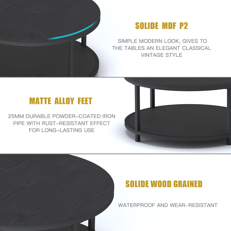 round Coffee Table, 36" Rustic Wooden Surface Top & Sturdy Metal Legs Industrial Sofa Table for Living Room Modern Design Home Furniture with Storage Open Shelf (Black Oak) - Serenity Spaces