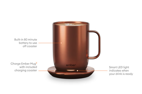 Temperature Control Smart Mug 2, 14 Oz, Copper, up to 1.5-Hr Battery Life - App Controlled Heated Coffee/Tea Mug - Improved Design
