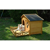 48 Wooden Dog House Outdoor With Porch, Dog Kennel With Water - Resistant Asphalt Roof And Fencing,Indoor & Outdoor Dog Crate With Paw Print, Medium, Nature - Serenity Spaces