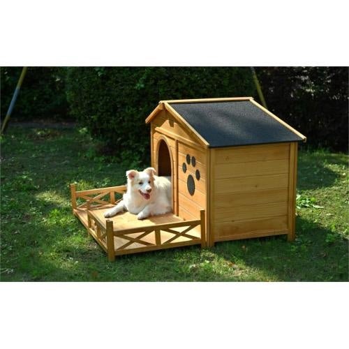 48 Wooden Dog House Outdoor With Porch, Dog Kennel With Water - Resistant Asphalt Roof And Fencing,Indoor & Outdoor Dog Crate With Paw Print, Medium, Nature - Serenity Spaces