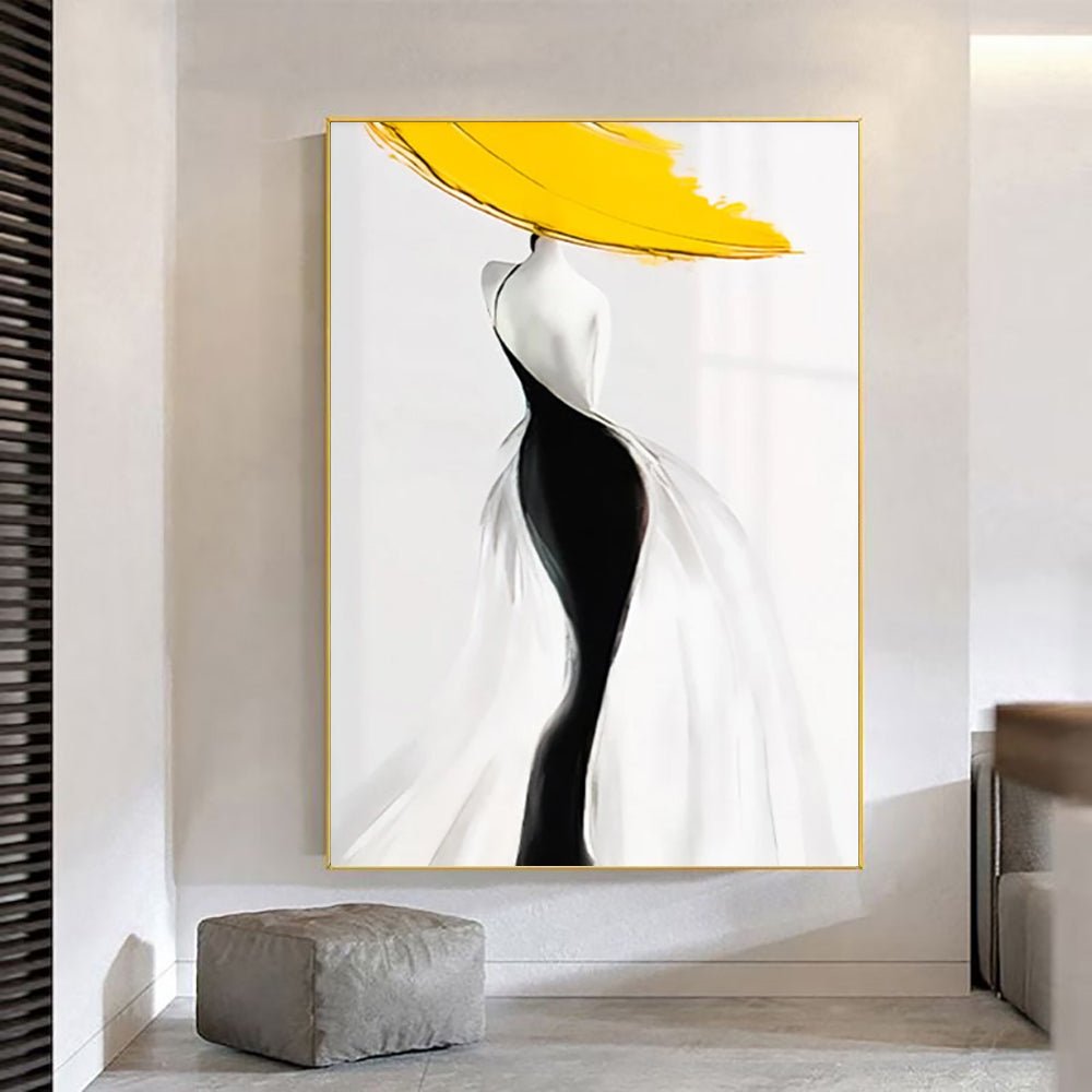 Modern Sexy Woman Yellow Hat Handmade Canvas Oil Painting Abstract Nordic Luxury Artwork Posters Living Room Canvas Wall Aesthetic Home Decor - Serenity Spaces
