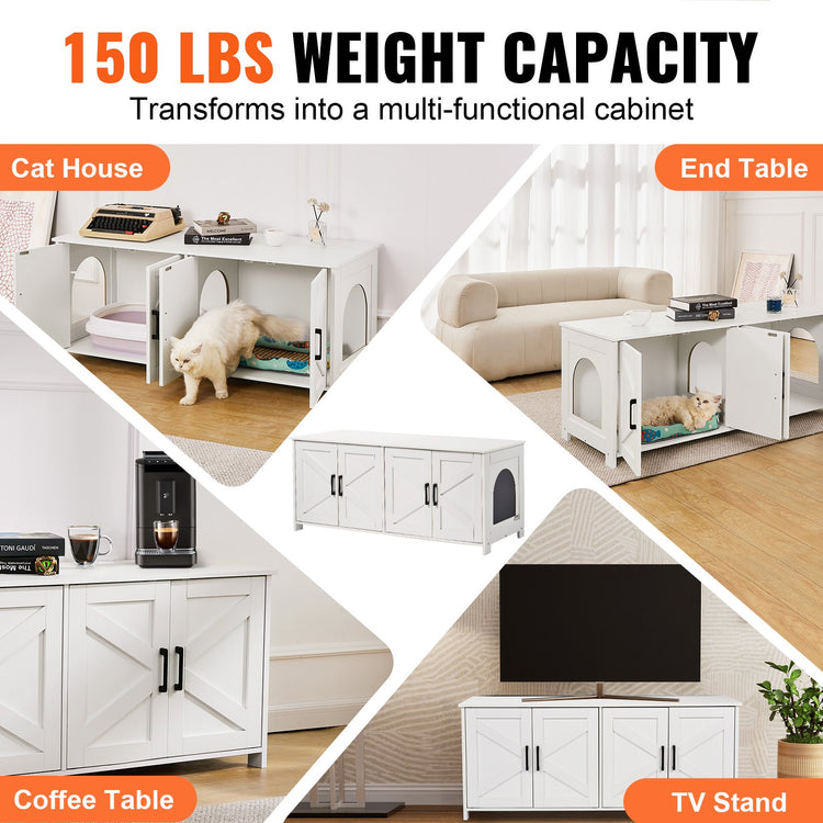 Cat Litter Box Enclosure Wooden Litter Box Furniture Hidden 2 Rooms White - Serenity Spaces