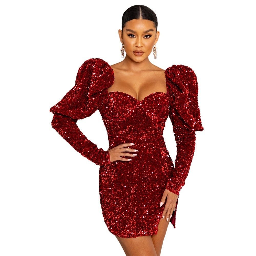 Sequin Backless Padded Shoulder Bubble Sleeve Party Dresses For Women - Serenity Spaces