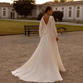 Bridal Chiffon Deep V Satin Long Sleeve Light Yarn Gown - Serenity Spaces