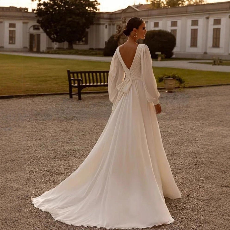 Bridal Chiffon Deep V Satin Long Sleeve Light Yarn Gown - Serenity Spaces