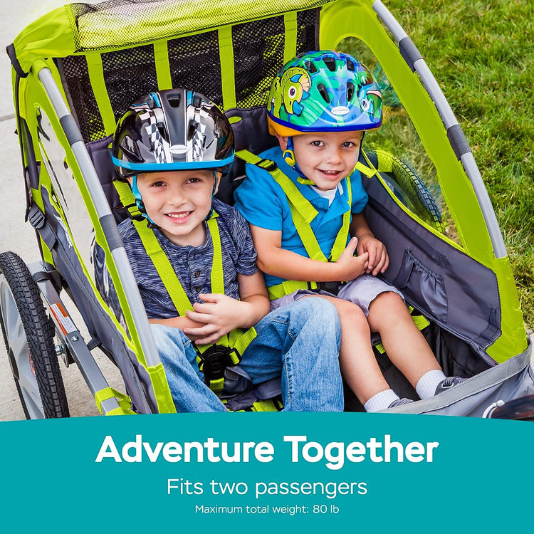 Quick - N - Ez Double Tow behind Bike Trailer for Toddlers, Kids, Converts to Stroller, Jogger, 2 - In - 1 Canopy, Universal Bicycle Coupler, Folding Frame, Multiple Colors - Serenity Spaces