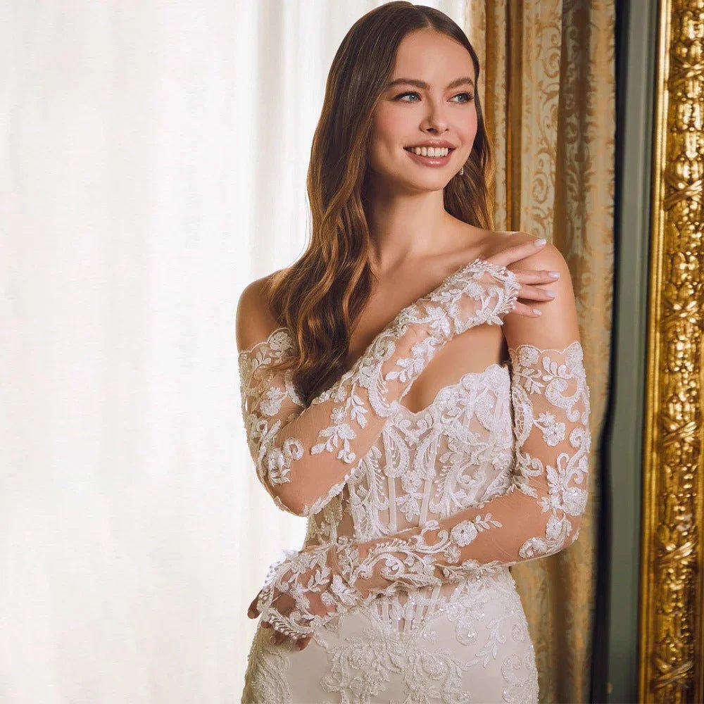 Off - shoulder Lace Long Sleeve Fishtail Gown - Serenity Spaces