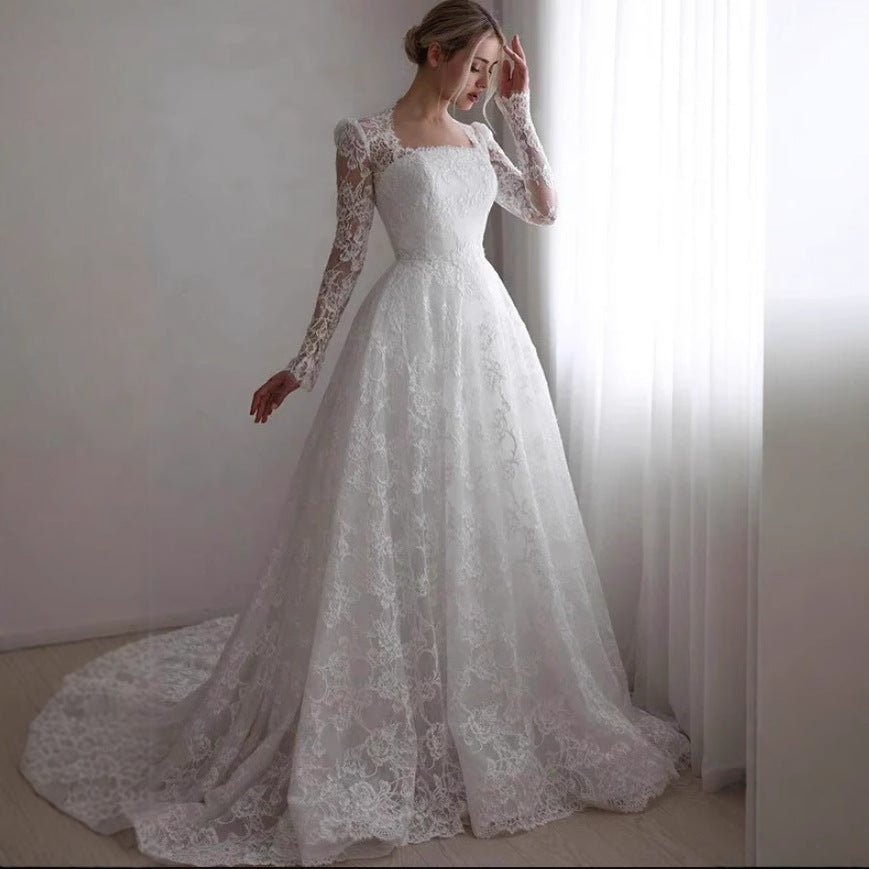 Embroidered Long Sleeve Trailing Wedding Dress - Serenity Spaces