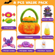 8 Pcs Halloween Basket with Stuffed Plush,Halloween Gift Basket Stuffers for Baby Kids Toddler,Halloween Toys,Halloween Pumpkin Decorations