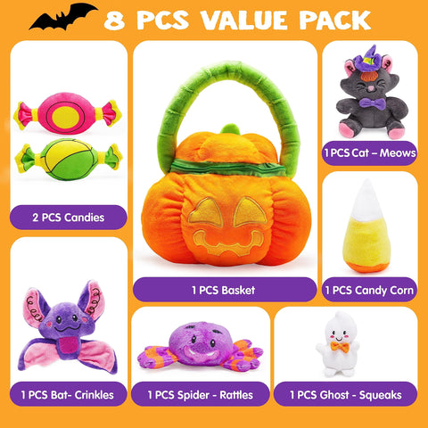 8 Pcs Halloween Basket with Stuffed Plush,Halloween Gift Basket Stuffers for Baby Kids Toddler,Halloween Toys,Halloween Pumpkin Decorations