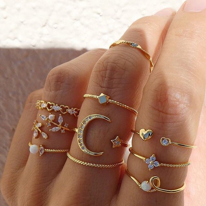 Bohemian Fashion Star Moon Love Pearl Leaf 10 - Piece Ring - Serenity Spaces