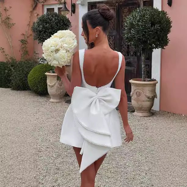 Fashion Big - Bowed Pearls Backless Dress Summer Slim Sleeveless A - line Dresses For Party Evening Women&