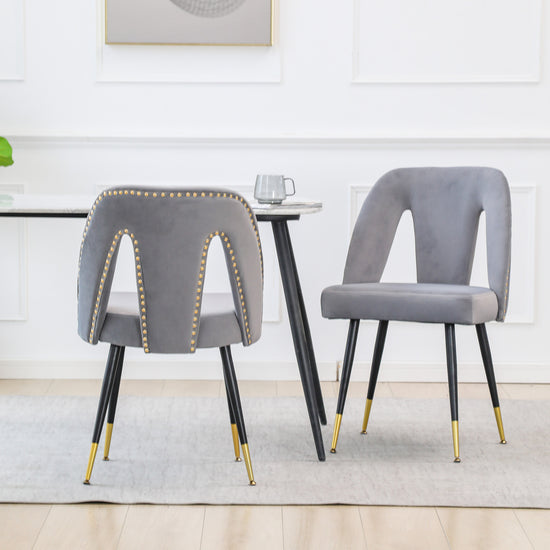 AA Furniture,Akoya Collection Modern Contemporary Velvet Upholstered Dining Chair With Nailheads And Gold Tipped Black Metal Legs Gray Set Of 2 - Serenity Spaces