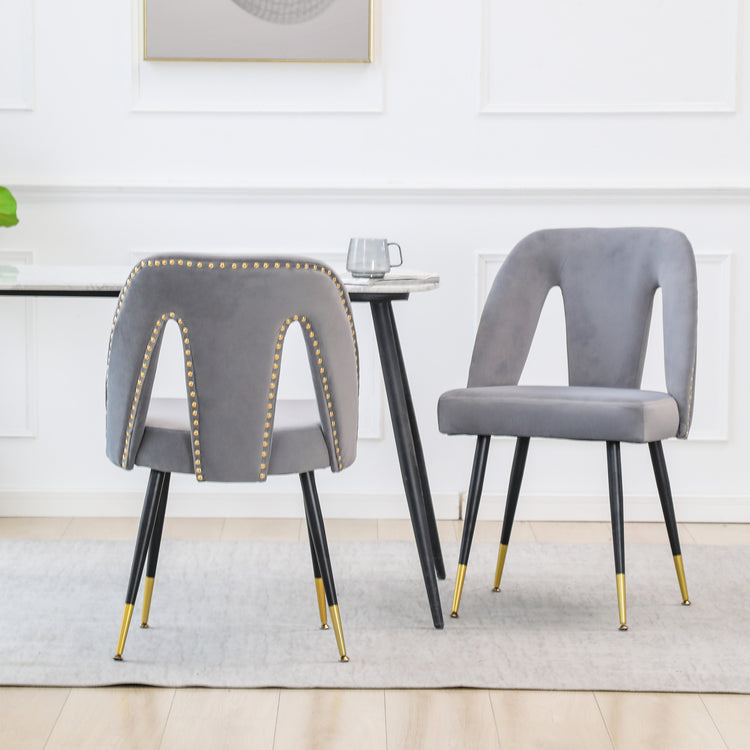 AA Furniture,Akoya Collection Modern Contemporary Velvet Upholstered Dining Chair With Nailheads And Gold Tipped Black Metal Legs Gray Set Of 2 - Serenity Spaces