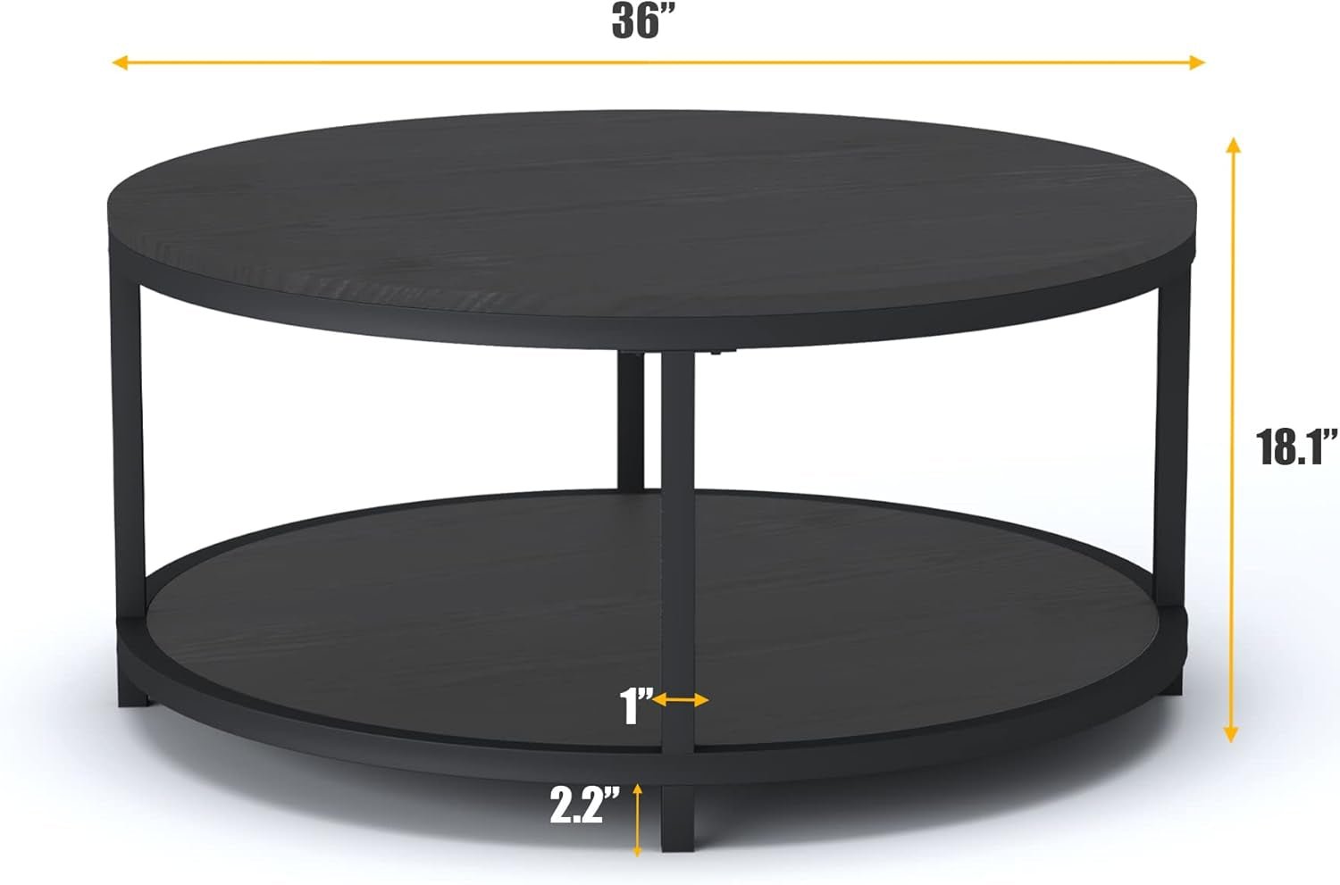 round Coffee Table, 36" Rustic Wooden Surface Top & Sturdy Metal Legs Industrial Sofa Table for Living Room Modern Design Home Furniture with Storage Open Shelf (Black Oak) - Serenity Spaces