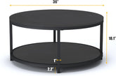 round Coffee Table, 36" Rustic Wooden Surface Top & Sturdy Metal Legs Industrial Sofa Table for Living Room Modern Design Home Furniture with Storage Open Shelf (Black Oak) - Serenity Spaces
