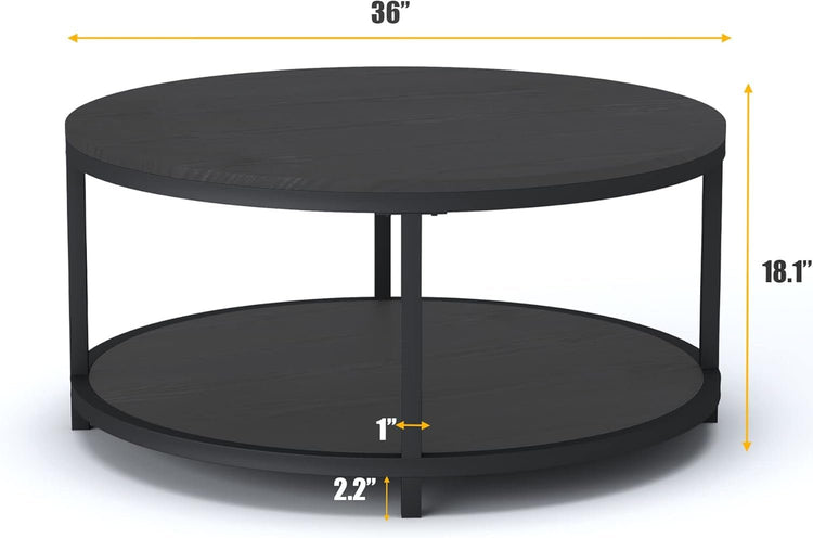 round Coffee Table, 36" Rustic Wooden Surface Top & Sturdy Metal Legs Industrial Sofa Table for Living Room Modern Design Home Furniture with Storage Open Shelf (Black Oak) - Serenity Spaces