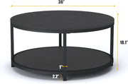 round Coffee Table, 36" Rustic Wooden Surface Top & Sturdy Metal Legs Industrial Sofa Table for Living Room Modern Design Home Furniture with Storage Open Shelf (Black Oak)