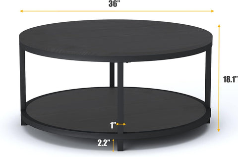 round Coffee Table, 36" Rustic Wooden Surface Top & Sturdy Metal Legs Industrial Sofa Table for Living Room Modern Design Home Furniture with Storage Open Shelf (Black Oak)