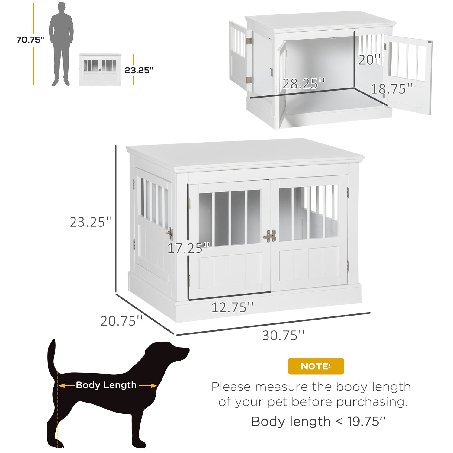 Wooden Dog Crate End Table, Dog Crate Furniture with Triple Doors, Puppy Crate for Small Dogs Indoor Use, White - Serenity Spaces
