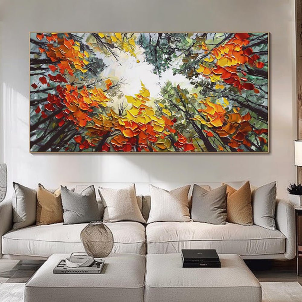 Modern Brich Treescape Landscape Canvas Artwork Handpainted Orange Forest Thick Oil Painting Natural Home Wall Decor - Serenity Spaces
