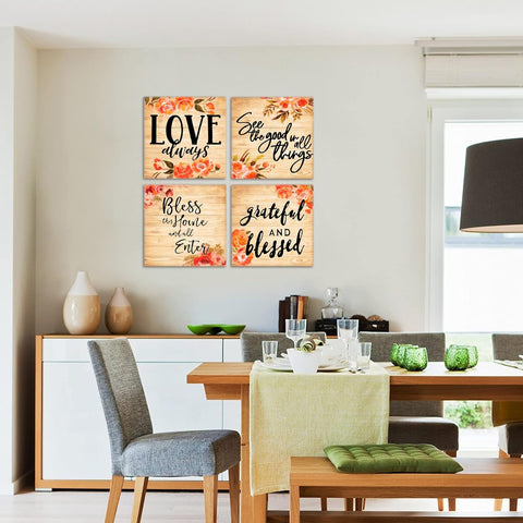 Rustic Blessed Love Sign Wall Art for Living Room Bathroom Decor Wall Art Floral Canvas Wall Art Set, Multi Panel Wood Wall Art Prints 4 Piece 12X12 Inches Farmhouse Wall Art Home Artwork