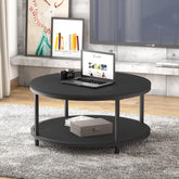round Coffee Table, 36" Rustic Wooden Surface Top & Sturdy Metal Legs Industrial Sofa Table for Living Room Modern Design Home Furniture with Storage Open Shelf (Black Oak) - Serenity Spaces