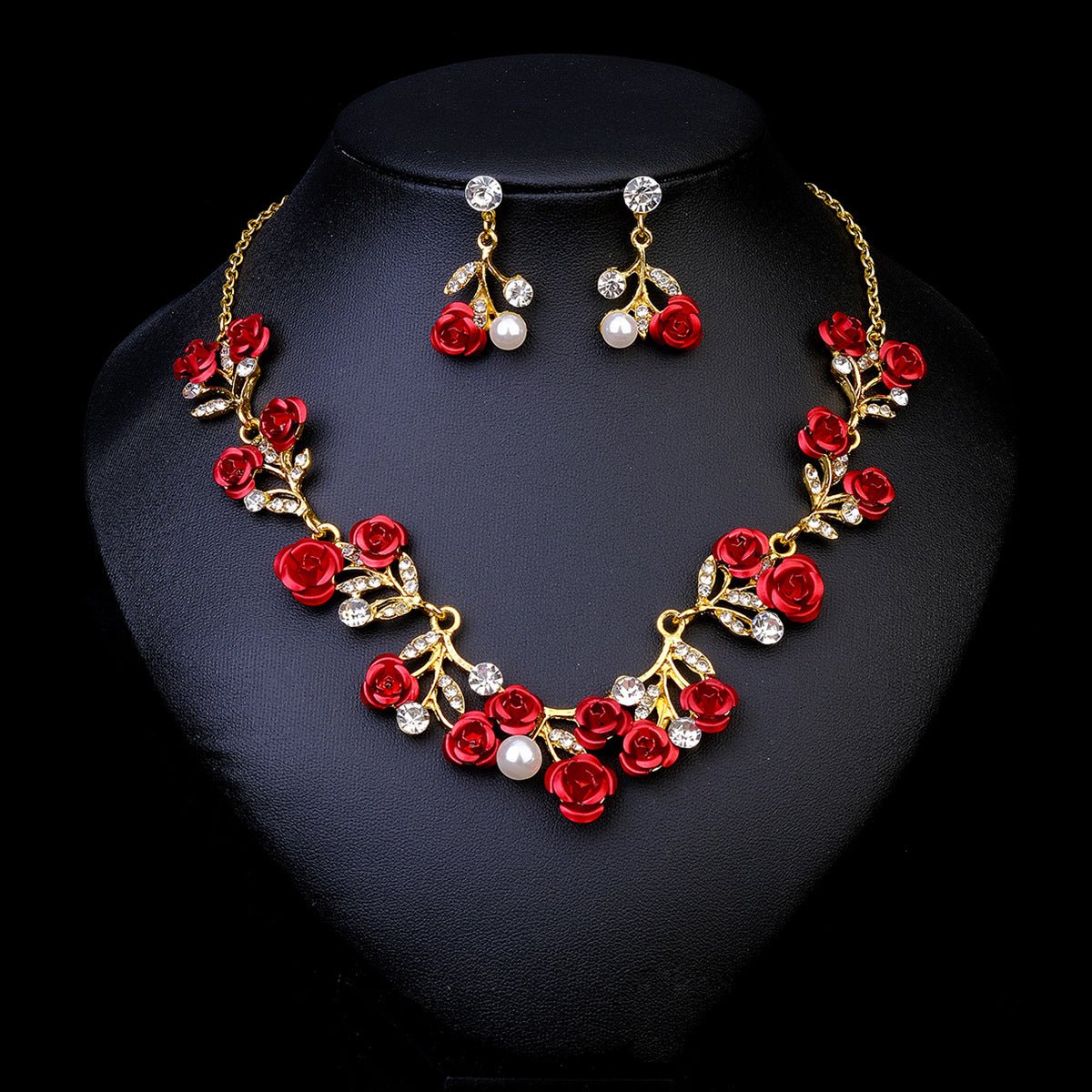 Rhinestone Pearl Earrings And Necklace Set Women - Serenity Spaces