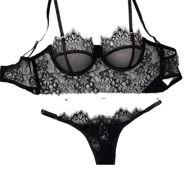 Black Mesh Bra Anti - sagging Lace Sexy Lingerie Set Women - Serenity Spaces