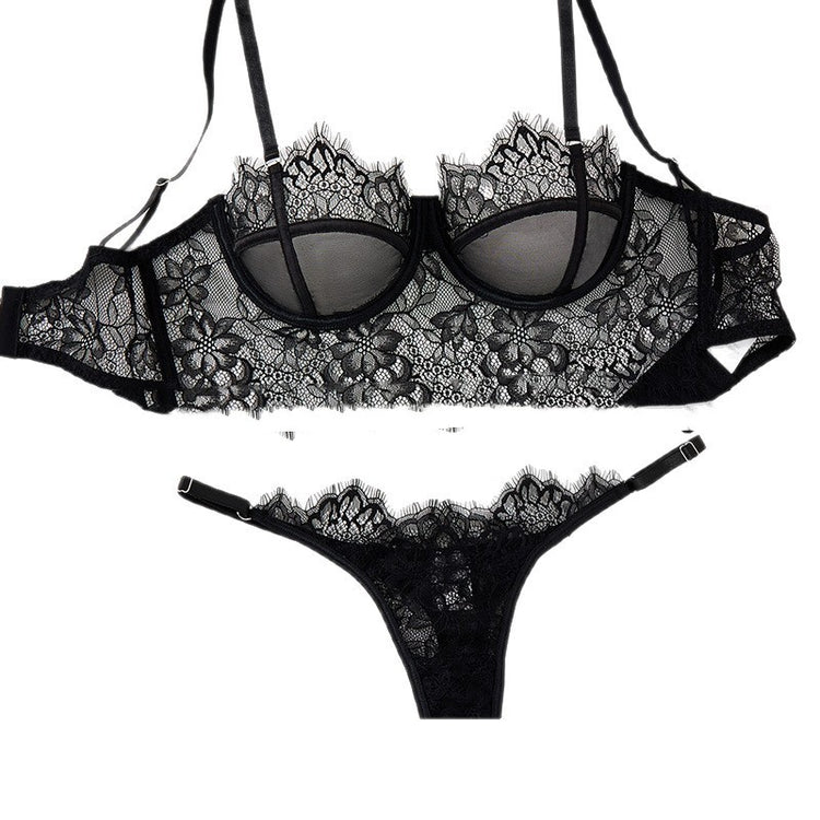 Black Mesh Bra Anti - sagging Lace Sexy Lingerie Set Women - Serenity Spaces