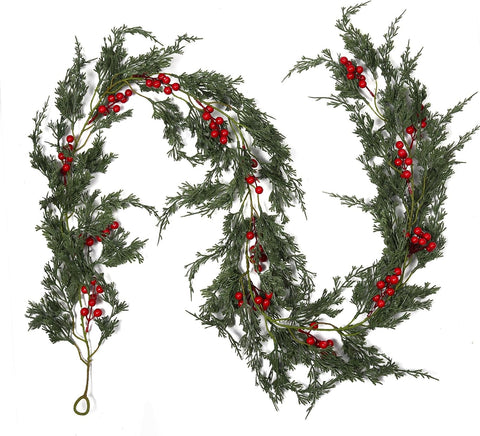 Christmas Garland 6 FT Artificial Cedar Pine Garland Realistic Winter Greenery with Red Berries Garland for Christmas Party Xmas Table Mantle Wall Room Outdoor Indoor Winter Decoration
