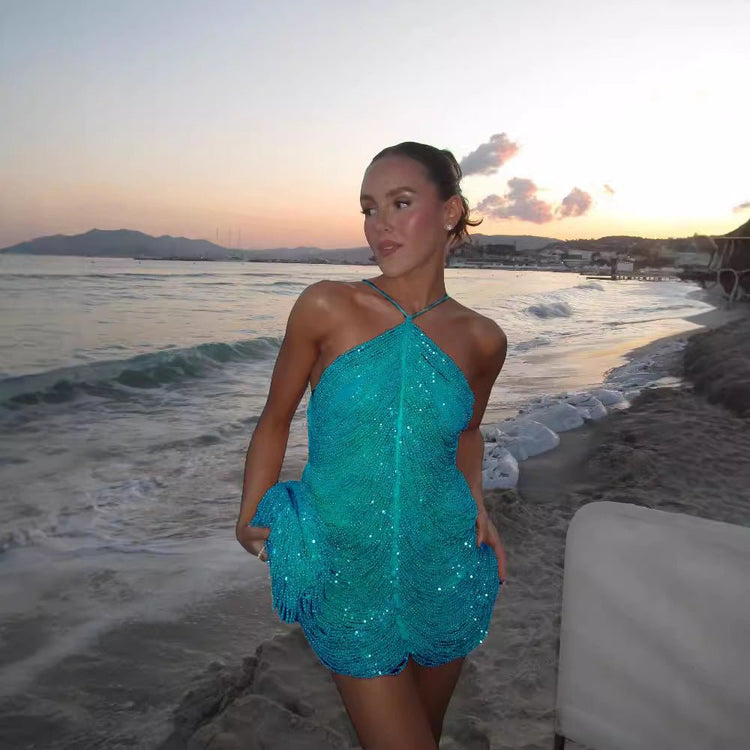 Sequin Tassel Halter Party Dress For Women - Serenity Spaces