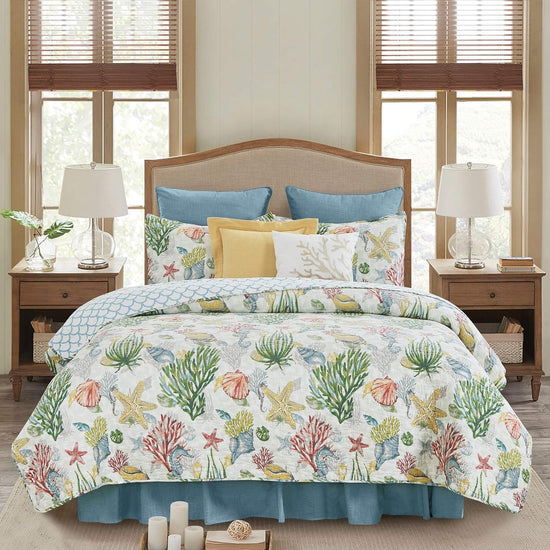 Shellwood Sound King 3 Piece Quilt Set Summer Beach Ocean Coastal Reversible Machine Washable Lightweight Bedspread Coverlet King 3 Piece Set Blue - Serenity Spaces