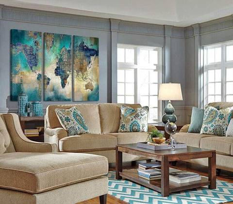 Canvas Wall Art for Living Room - World Map Wall Decor - Large Wall Art for Bedroom - Office Artwork - Map Wall Art 16"X32" 3 Piece Canvas Wall Art