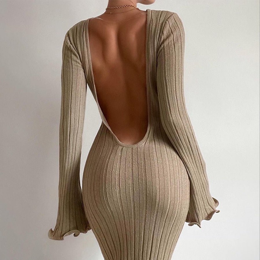 Fashion Slim Long - sleeved Ruffled Long Dress Sexy Hip - wrapped Back - less Knitted Maxi Dresses For Party Beach Womens Clothing - Serenity Spaces