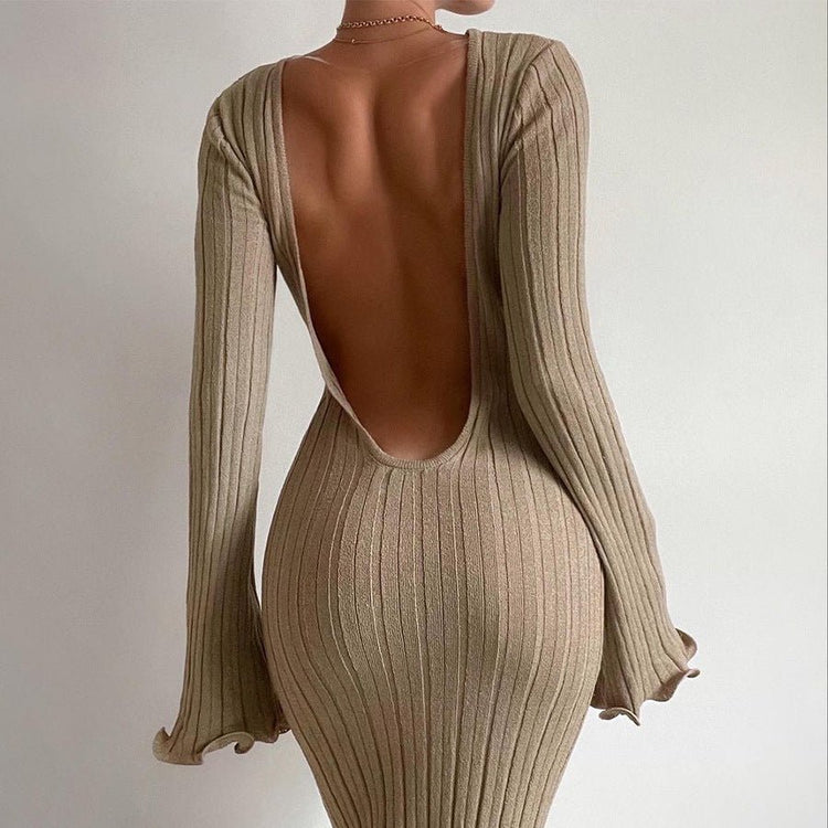 Fashion Slim Long - sleeved Ruffled Long Dress Sexy Hip - wrapped Back - less Knitted Maxi Dresses For Party Beach Womens Clothing - Serenity Spaces